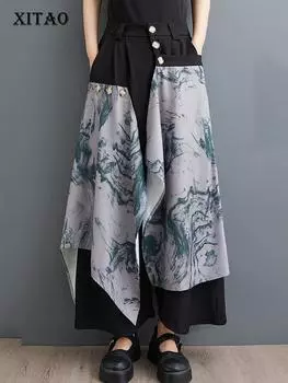 Xitao Лоскутные брюки с принтом тай-дай, эластичные пуговицы на талии, свободные плиссированные повседневные модные брюки, новинка лета 2024, универсальные HJF8227 One Size чёрный