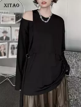 XITAO лоскутные футболки с круглым вырезом и круглым вырезом, однотонный пуловер, свободные асимметричные топы с повязками HQQ2270