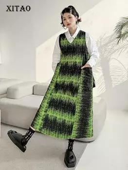 Xitao Лоскутные карманные платья с V-образным вырезом и тай-дай HQQ2316 One Size чёрный