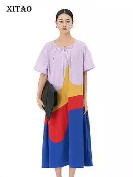 Xitao Лоскутные платья с круглым вырезом контрастного цвета ZY8781 One Size фиолетовый