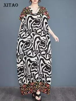 XITAO Лоскутные платья с V-образным вырезом и рукавами «летучая мышь» ZY8706