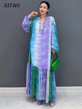 Xitao Лоскутные платья с V-образным вырезом в технике тай-дай LJ1004 One Size фиолетовый