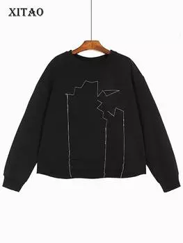 XITAO лоскутные толстовки с круглым вырезом и вышивкой, пуловеры, свободные однотонные повседневные топы DMJ3172 One Size белый
