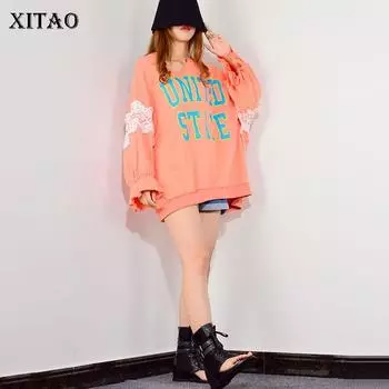 XITAO лоскутный кружевной свитшот с расклешенными рукавами и буквенным принтом GCC1618 One Size розовый