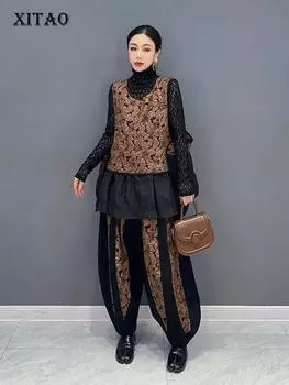 XITAO Лоскутный пуловер с круглым вырезом, комплекты брюк, жилет без рукавов, брюки длиной до щиколотки HQQ1478