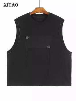 XITAO Лоскутный пуловер с круглым вырезом, жилет без рукавов, свободный повседневный, простой женский HQQ1739 One Size чёрный