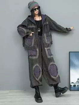 XITAO Лоскутный свободный джинсовый комплект из двух предметов: куртка, брюки GYX1061 One Size фиолетовый