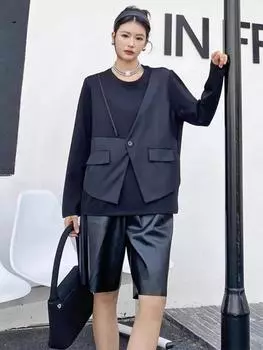 XITAO Ложная женская футболка из двух частей в стиле пэчворк ZYY1080 One Size чёрный