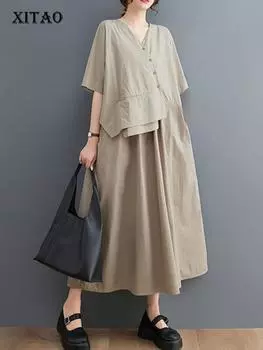 XITAO ложное платье из двух предметов, асимметричное однотонное лоскутное повседневное женское платье с v-образным вырезом DMJ1237 One Size чёрный