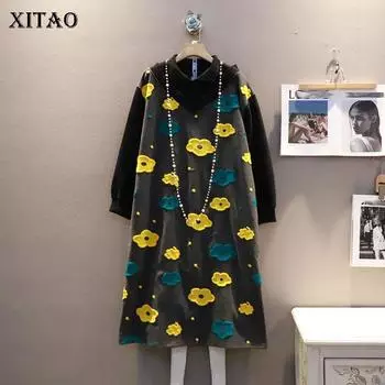 XITAO ложное платье из двух предметов контрастного цвета с цветочным узором, свободное модное повседневное женское платье, новинка зимы, GWJ2184