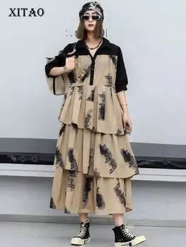 XITAO ложное плиссированное платье из двух частей в стиле пэчворк с длинными рукавами и рюшами для женщин HQQ2278