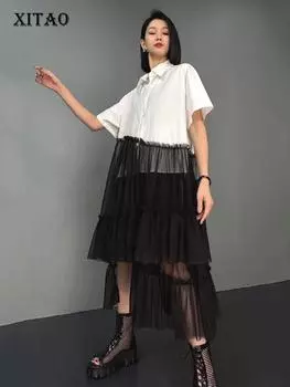 XITAO Ложное сетчатое платье из двух частей, свободное женское платье нерегулярного контрастного цвета ZY8750 One Size чёрный