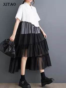 XITAO марлевое нерегулярное лоскутное платье, свободное повседневное модное женское платье WLD20214 One Size чёрный