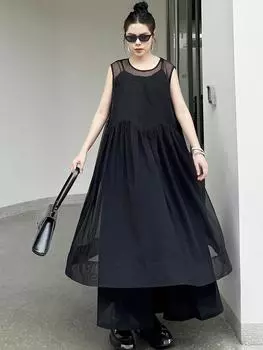 XITAO марлевое прозрачное платье без рукавов с круглым вырезом, модное однотонное женское платье ZY8755 One Size чёрный