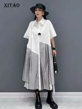 XITAO марлевые лоскутные однобортные платья-рубашки с карманами контрастного цвета с отложным воротником и короткими рукавами, новинка лета 2024 года HQQ2367 One Size белый