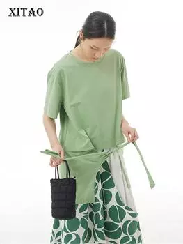 XITAO меньшинство футболка модная однотонная нерегулярная плиссированная женская футболка на шнурке WMD5826