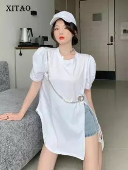 XITAO Модная повседневная женская футболка с разрезом и цепочкой Топ LYD1386