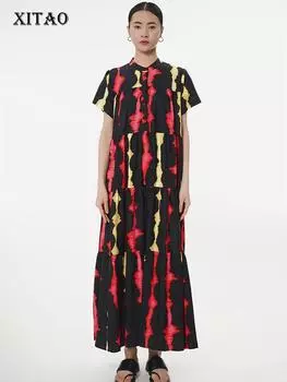 XITAO модное лоскутное платье с воротником-стойкой и коротким рукавом с принтом DMJ1423