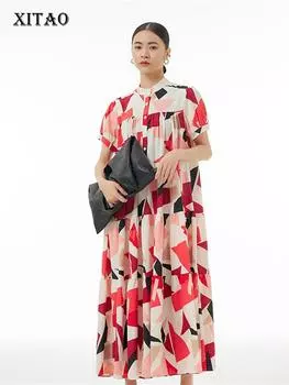 XITAO модное новое женское повседневное свободное платье с принтом «богиня веер» WLD11698 One Size зелёный