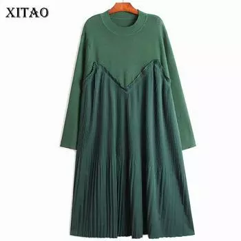 XITAO модное однотонное повседневное вязаное платье GJ1010 One Size зелёный
