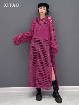 XITAO модное однотонное вязаное платье с вырезами WLD13196 One Size чёрный