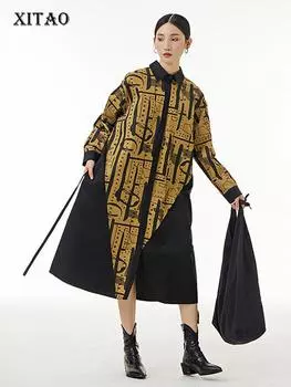 XITAO модное платье контрастного цвета, свободное, простое, повязочное, женское, асимметричное, повседневное, новое ZY7833 One Size чёрный