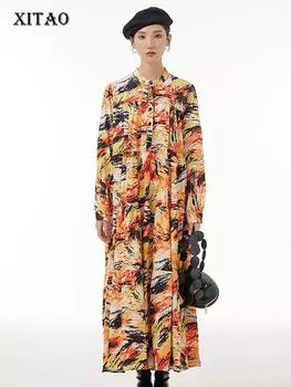 XITAO модное повседневное платье-рубашка с принтом свободное простота контрастного цвета женское платье с длинным рукавом и воротником-стойкой осеннее новое WLD9099 One Size синий