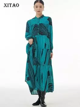 XITAO модное повседневное свободное женское платье в полоску с длинными рукавами DMJ3423 One Size синий