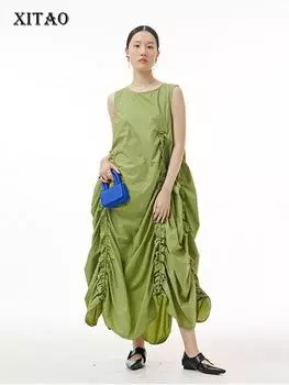 XITAO модное повседневное женское однотонное плиссированное платье WMD5840 One Size чёрный