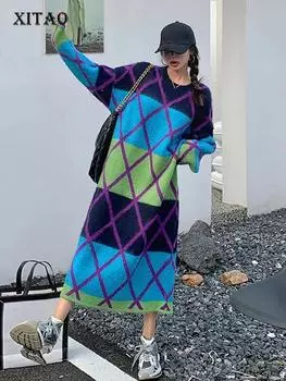 XITAO модное решетчатое трикотажное платье индивидуальное женское платье контрастного цвета LYD1203