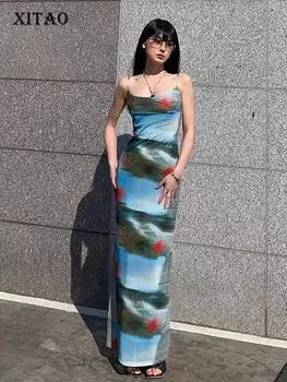 XITAO модное сексуальное женское тонкое платье-комбинация с принтом LYD1394 One Size синий