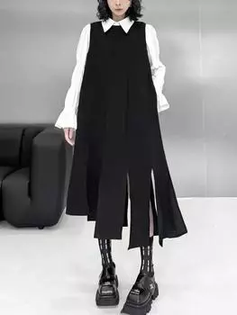 Xitao Модное свободное однотонное женское платье до середины икры ZYY1079 M чёрный