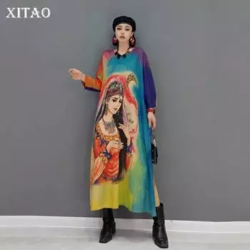 XITAO модное вязаное платье большого размера, модное контрастное цветное платье, весна-осень, новое темпераментное женское платье с длинными рукавами WMD2286