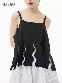 XITAO модные однотонные майки с волнистыми линиями, жилет с вилкой, маленькие подтяжки, летний новый простой темпераментный женский топ WMD6532 One Size бежевый