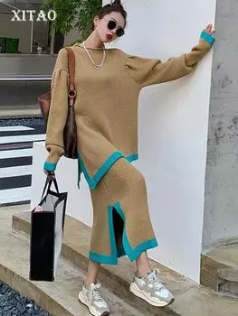 XITAO модные вязаные комплекты из двух предметов, повседневные свободные комплекты с длинными рукавами и верхним разрезом, темперамент, 2023, женские одинаковые комплекты LYD1210 One Size чёрный