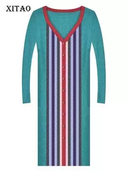 XITAO модный полосатый пуловер контрастного цвета для женщин вязаное платье WS2107 One Size синий