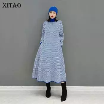 XITAO модный пуловер, свободный, простой темперамент, водолазка, вязаное решетчатое платье GWJ0533 One Size красный