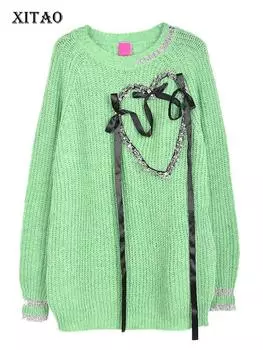 XITAO модный пуловер свободный вязаный бандаж с бантом и сердечком женский свитер LDD2226 One Size зелёный
