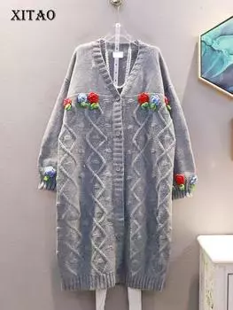 XITAO модный вязаный свитер, кардиган, свободный, простота, длинный контрастный цвет, трехмерные цветы, украшение ZY8138 One Size синий