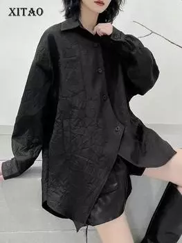 XITAO Необычная черная рубашка с длинными рукавами, однобортный свободный повседневный женский топ DMJ3475