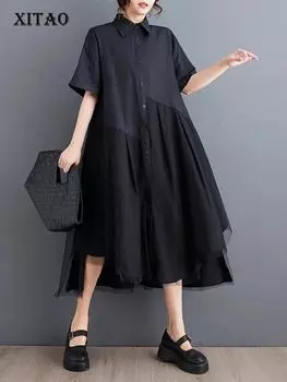 XITAO Необычное платье-рубашка, простое повседневное сетчатое лоскутное платье с асимметричным подолом, новое летнее платье с отложным воротником LYD1908 One Size белый