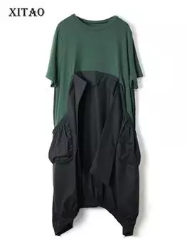 Xitao Необычное повседневное платье в стиле пэчворк со складками XJ4818
