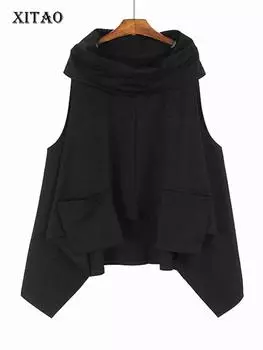 Xitao Необычные пуловеры без рукавов, однотонные лоскутные карманные свободные женские повседневные топы HQQ2203