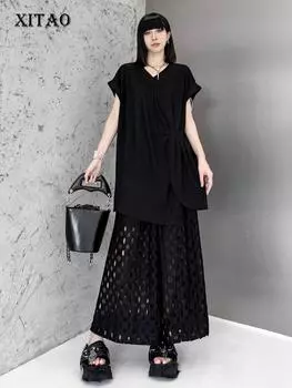 Xitao Нерегулярная футболка без рукавов со складками и разрезом по краю, свободный повседневный женский топ GJ1067