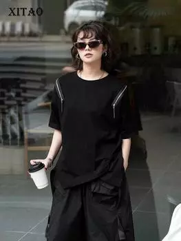 XITAO нерегулярная футболка на молнии, однотонный женский топ с короткими рукавами DMJ4081