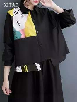 XITAO нерегулярная лоскутная футболка с принтом, свободный женский повседневный топ DMJ3850 One Size чёрный
