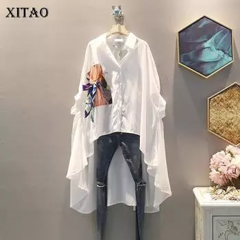 XITAO нерегулярная плиссированная черно-белая рубашка, женская одежда, блузка на пуговицах с принтом, топ, летняя модная новинка, подходит ко всем ZLL4271