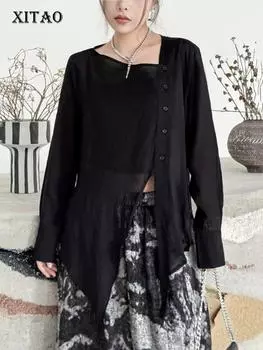 XITAO нерегулярная повседневная футболка, однотонный свободный женский топ с длинными рукавами LYD1762