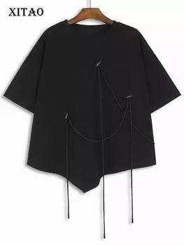 Xitao Нерегулярная повседневная футболка с роговыми пуговицами и завязками с кисточками, украшенная женским топом DMJ4148 One Size белый