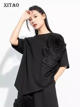 XITAO нерегулярная свободная футболка однотонный женский топ с круглым вырезом и короткими рукавами с цветами LYD1778